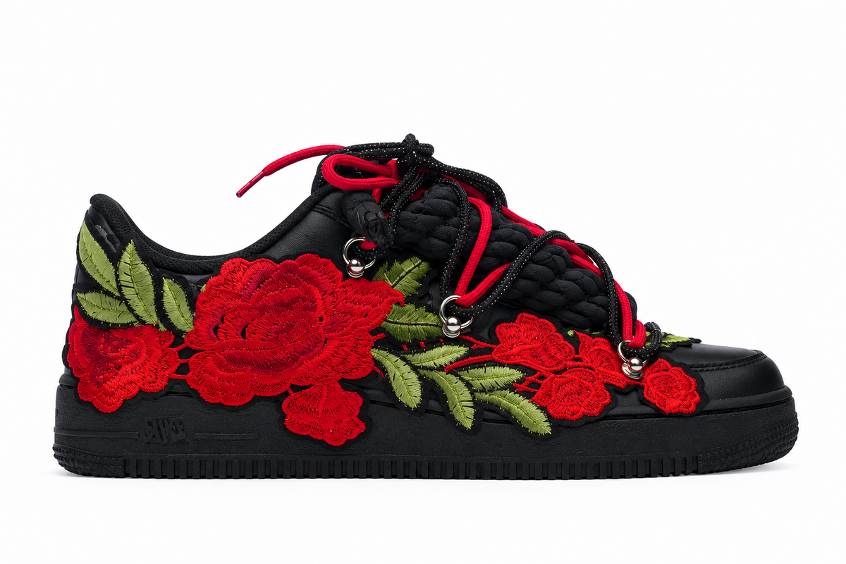 air force black rope laces red roses